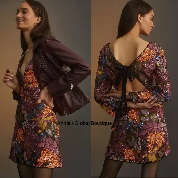 RARE NWT ANTHROPOLOGIE Sequined Embroidered Cut-Out Mini Dress. Size 20W - Picture 7 of 16
